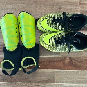 Kids shin guards, youth small & Nike soccer cleats, size 11c.